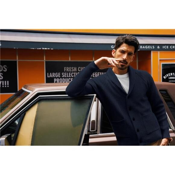 Mens Shawl Collar Cardigan Sweater Knit Button Down Textured Long Sleeve Winter - Picture 2 of 5